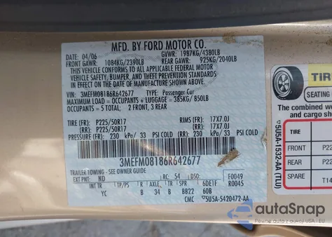 2006 Mercury Milan V6 Premier from USA, damaged, VIN 3MEFM08186R642677